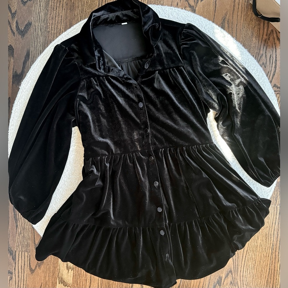 NWOT Black Boutique Smock Dress Crushed Black Velvet Sz Small Button Down V-Neck - Picture 5 of 10